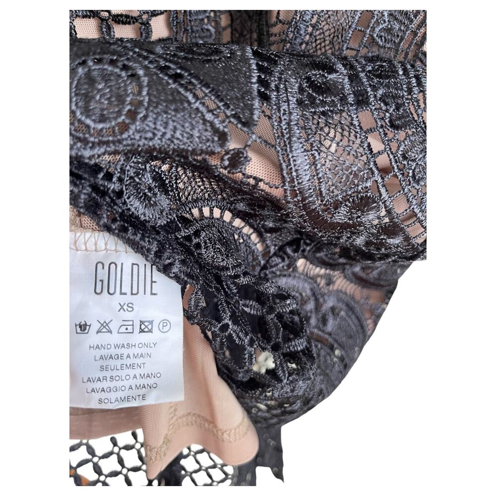 Crochet Medallion Black Lace Skin Tone Lined Two Layer Dress XS Goldie Brand - Picture 5 of 5